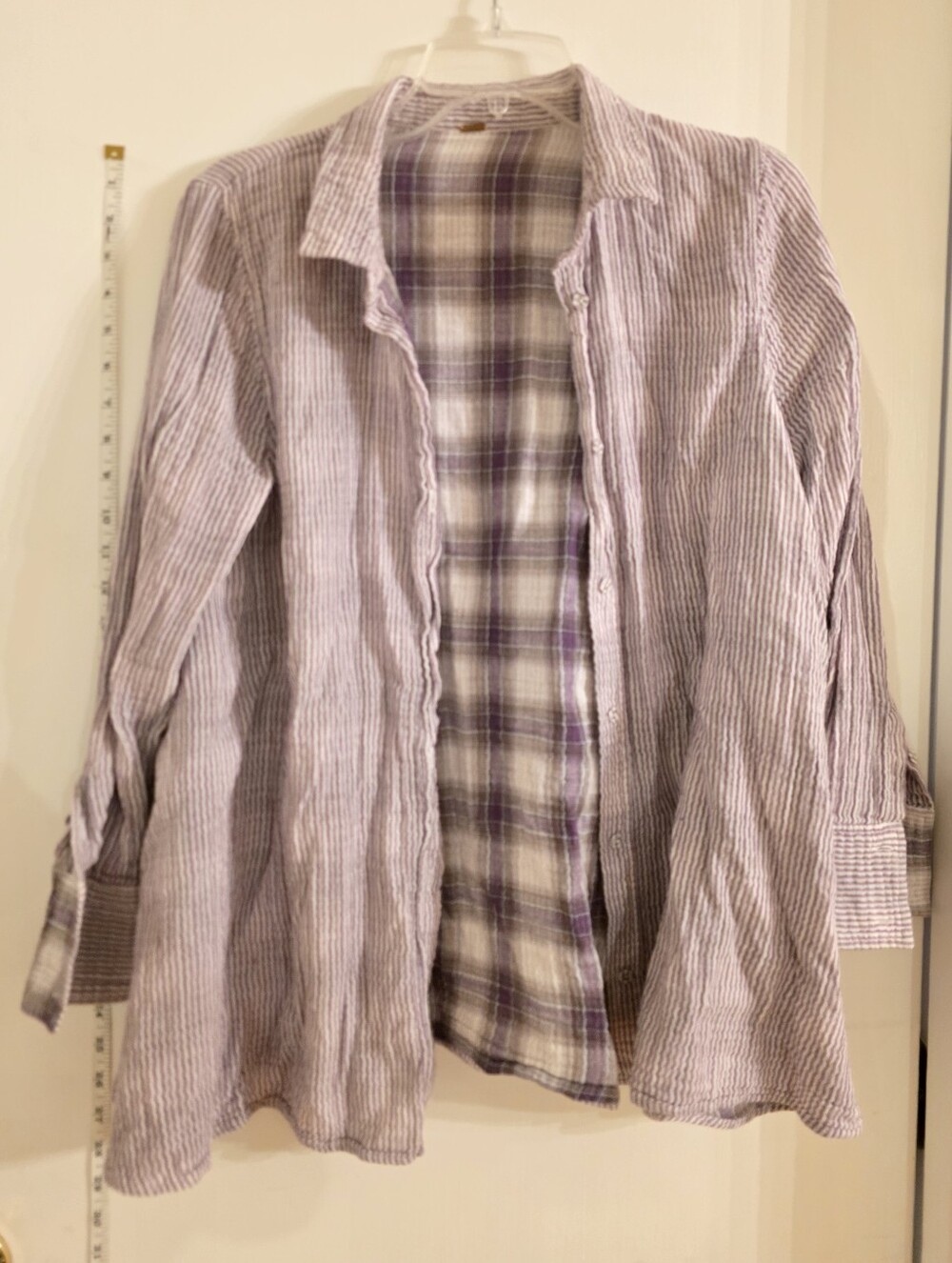 Free People Lavender Striped & Plaid Button-Up Shirt Jacket